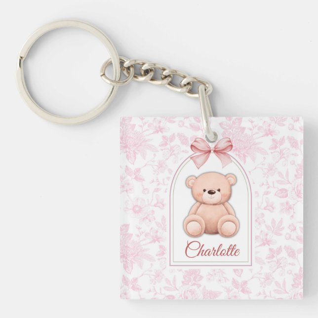 Charlotte | Benutzerdefiniertes rosa Teddy-Bär-Kin Schlüsselanhänger (Vorderseite)
