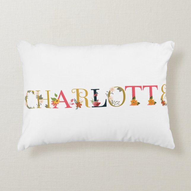 CHARLOTTE Name Kunst mit bestickten Blume Dekokissen (Vorderseite)