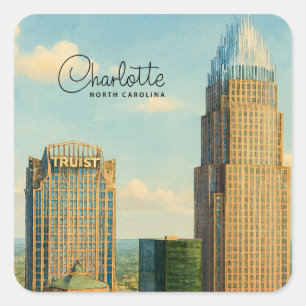 Charlotte NC Aquarell Skyline Reise Quadratischer Aufkleber