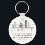 Charlotte, NC Stylized Skyline | Benutzerdefiniert Schlüsselanhänger<br><div class="desc">Eine einzigartige Schlüsselkette,  die die schöne Stadt Charlotte,  NC repräsentiert. Dieser Schlüsselanhänger zeigt die einzigartige Skyline der Stadt mit ihrem Namen darunter. Unter dem Namen der Stadt finden Sie einen Platz für Ihren einzigartigen Slogan oder Ihre Aussage über Ihre Lieblingsstadt.</div>