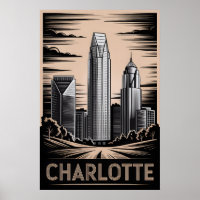 Charlotte North Carolina Schwarz Weiß Holzschnitt