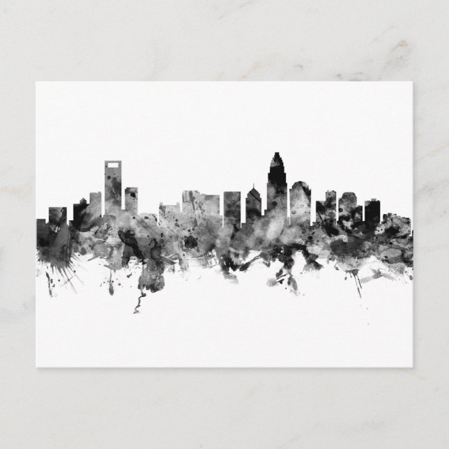 Charlotte North Carolina Skyline Black White Postkarte (Vorderseite)