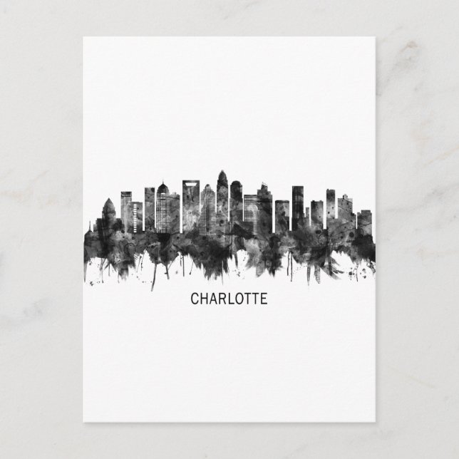 Charlotte North Carolina Skyline BW Einladungspostkarte (Vorderseite)