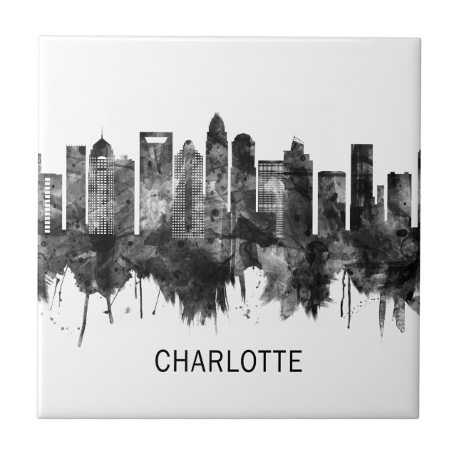 Charlotte North Carolina Skyline BW Fliese (Vorderseite)