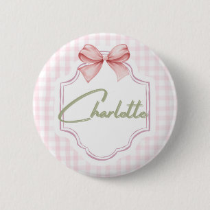 Charlotte Personalisiert Pink Bow & Gingham Print Button