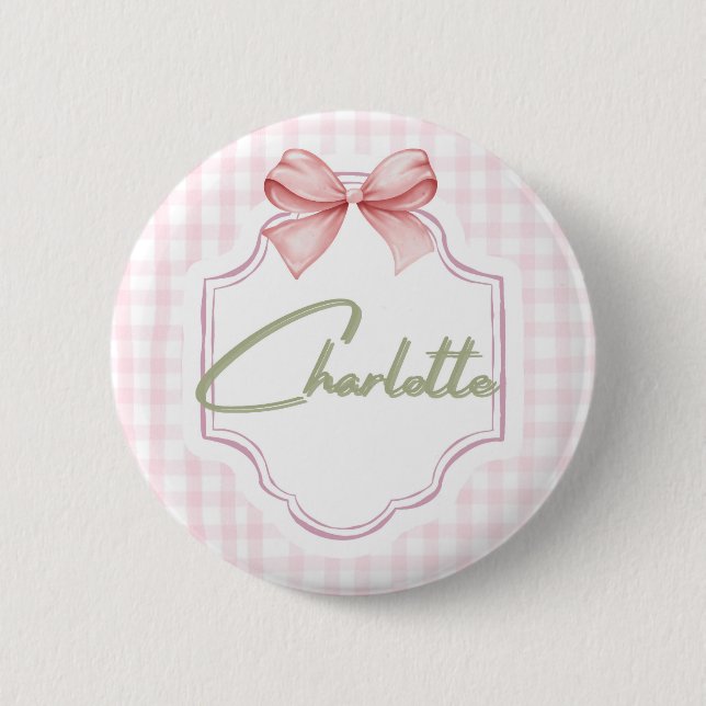 Charlotte Personalisiert Pink Bow & Gingham Print Button (Vorderseite)