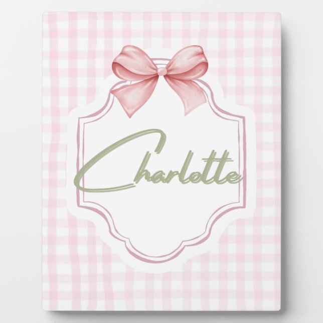 Charlotte Personalisiert Pink Bow & Gingham Print Fotoplatte (Vorderseite)