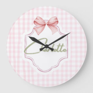 Charlotte Personalisiert Pink Bow & Gingham Print Große Wanduhr