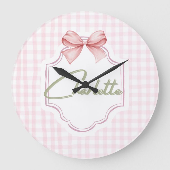Charlotte Personalisiert Pink Bow & Gingham Print Große Wanduhr (Vorderseite)