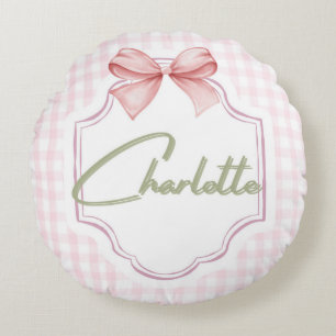 Charlotte Personalisiert Pink Bow & Gingham Print Rundes Kissen