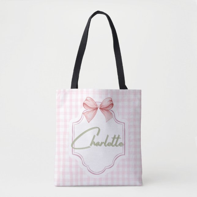 Charlotte Personalisiert Pink Bow & Gingham Print Tasche (Vorderseite)