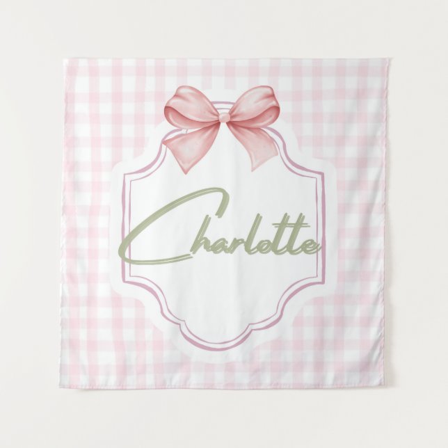 Charlotte Personalisiert Pink Bow & Gingham Print Wandteppich (Vorderseite)
