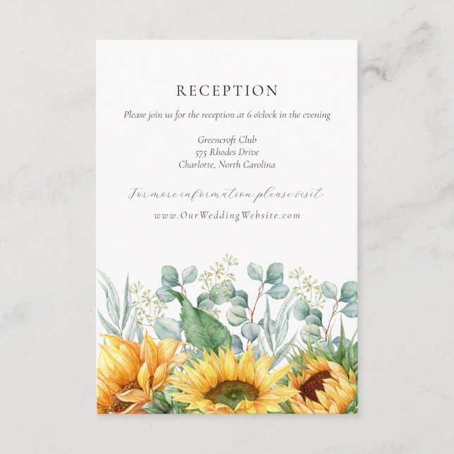 Charlotte Rustic Sonnenblumen Hochzeitsempfang Begleitkarte (Vorderseite)