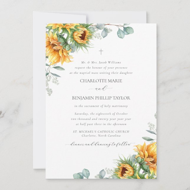 Charlotte Rustic Sonnenblumen Katholische Hochzeit Einladung (Vorderseite)