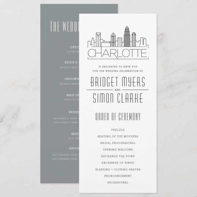 Charlotte Stylized Skyline | Hochzeitsprogramm Einladung (Vorne/Hinten)