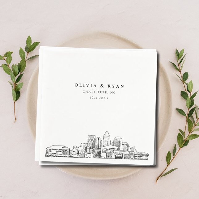 Charlotte Wedding Paper Cocktail Napkin Serviette (Charlotte North Carolina Wedding Skyline Napkins Classy Black and White)