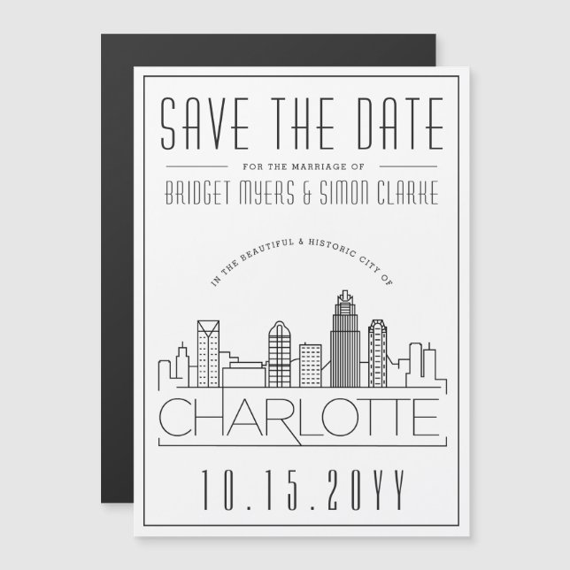 Charlotte Wedding | Stilisierte Skyline Save the D Magneteinladung (Vorne/Hinten)