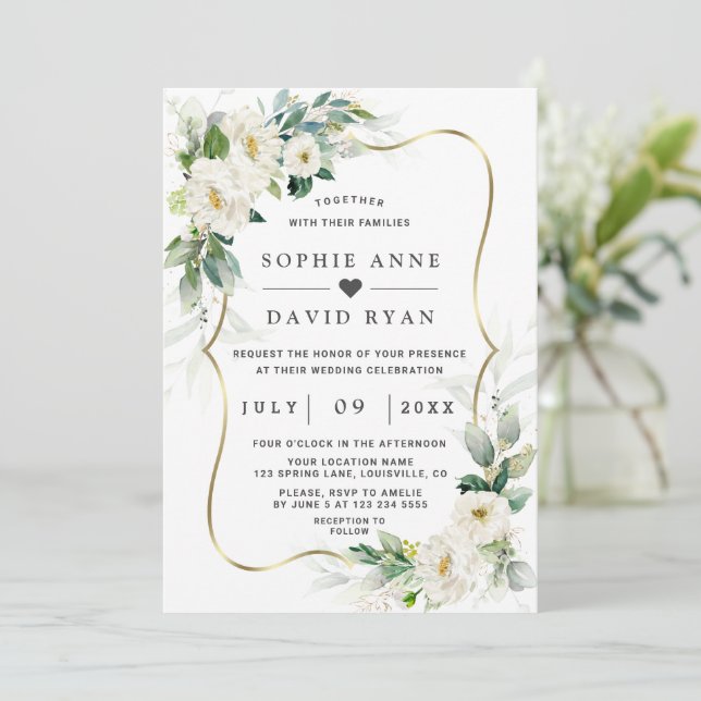 Charm Airy Greenery White Blume Gold Wedding Einladung (Stehend Vorderseite)
