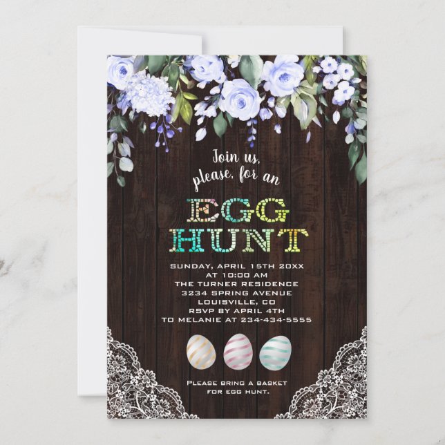 Charm Blue Blumen Lace Wood Egg Hunt Oster Einladung (Vorderseite)