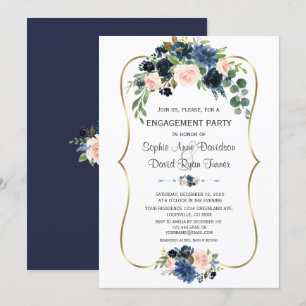 Charm Blue Blush Floral Gold Verlobung Einladung