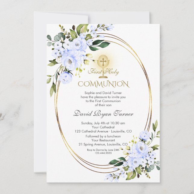 Charm Blue Flowers Boy Gold First Heilige Kommune Einladung (Vorderseite)