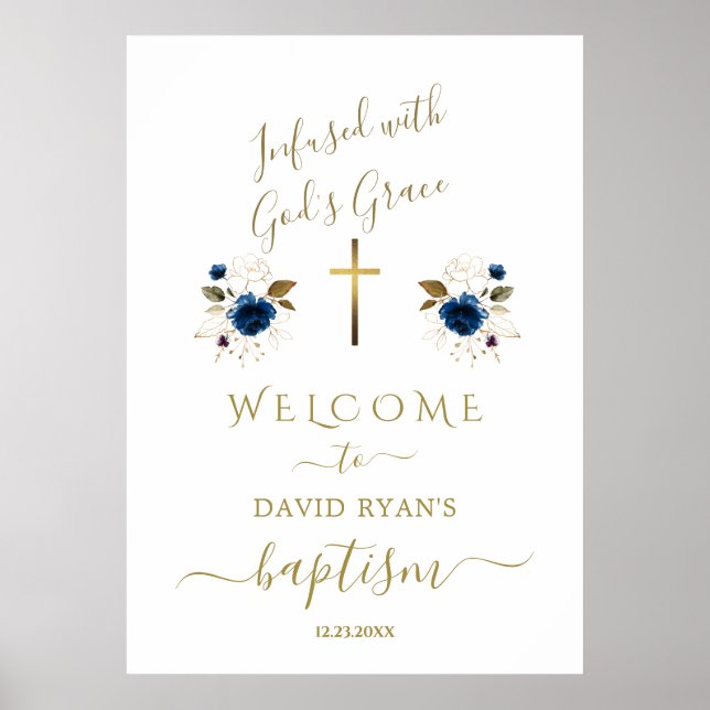 Charm Blue Flowers Gold Boy Taufe Begrüßungszeiche Poster (Vorne)