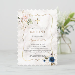 Charm Blue Pink Floral Rose Gold Twins Taufe Einladung