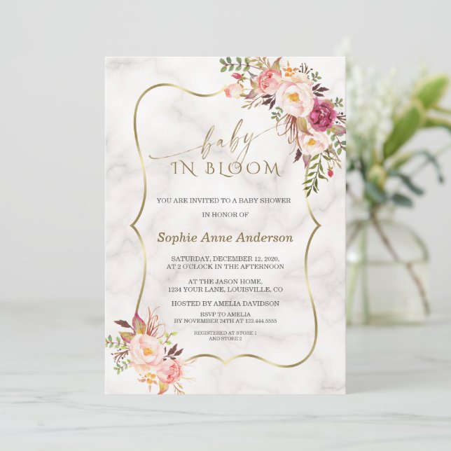 Charm Blush Blume Gold Marmor Baby in Blüte Einladung (Stehend Vorderseite)