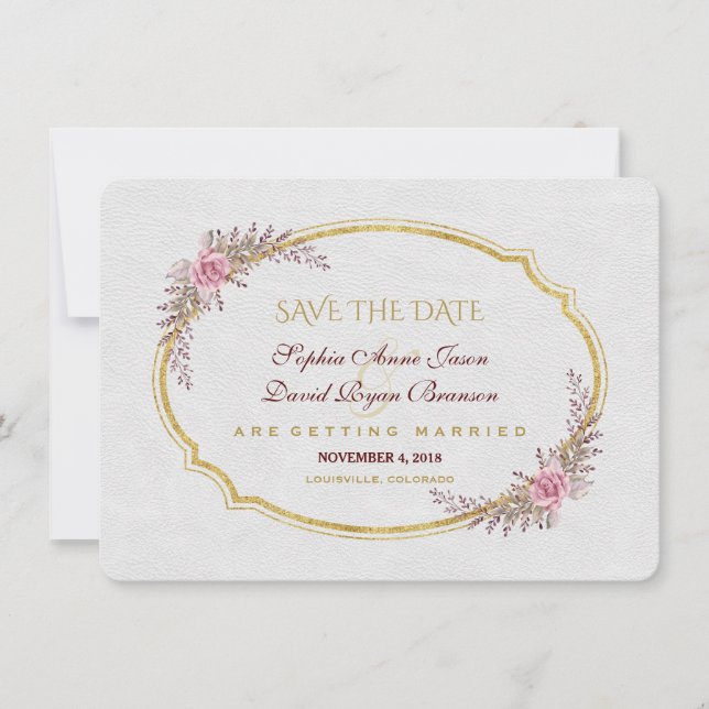 Charm Blush Floral Gold Rahmen Save the Date weiß (Vorderseite)