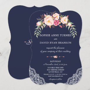Charm Blush Pink Blume Lace Navy Hochzeit Einladung