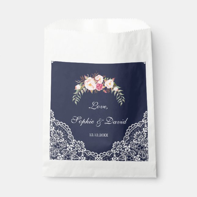 Charm Blush Pink Blume Lace Navy Hochzeit Geschenktütchen (Vorderseite)