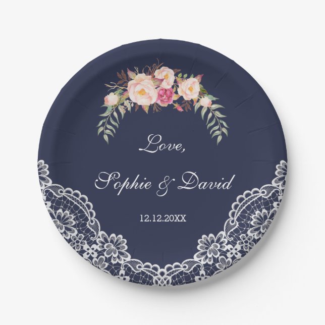 Charm Blush Pink Blume Lace Navy Hochzeit Pappteller (Vorderseite)