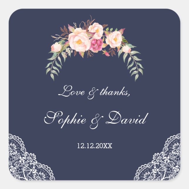 Charm Blush Pink Blume Lace Navy Hochzeit Quadratischer Aufkleber (Vorderseite)