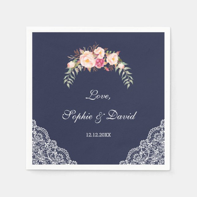 Charm Blush Pink Blume Lace Navy Hochzeit Serviette (Vorderseite)