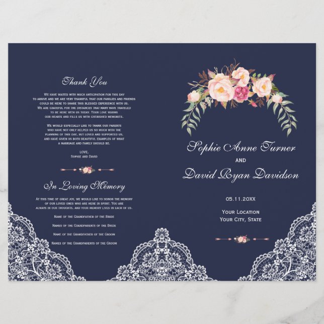 Charm Blush Pink Blume Lace Navy Hochzeitsprogramm (Vorne)