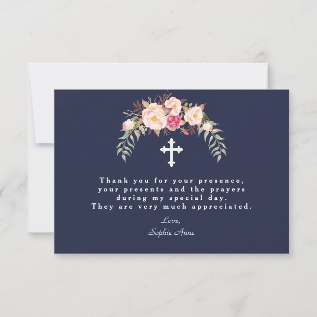 Charm Blush Pink Blume Navy Blue Girl Taufe Dankeskarte (Vorderseite)