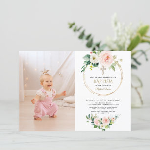 Charm Blush Pink Floral Gold Girl Foto Taufe Einladung