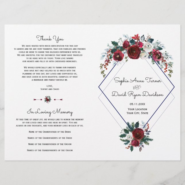 Charm Bourgogne Floral Navy Blue Wedding Programme (Devant)