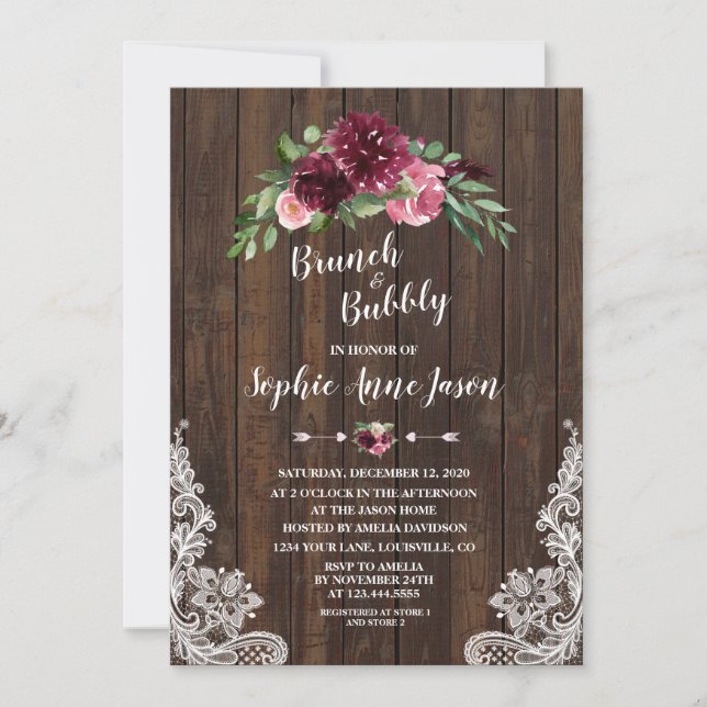 Charm Burgundy Bloral Brunch Bubbly Brautparty Einladung (Vorderseite)