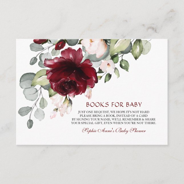 Charm Burgundy Blume Bücher für Babydusche Begleitkarte (Vorderseite)