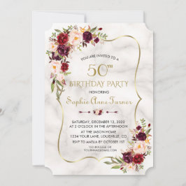 Charm Burgundy Blume Gold Marmor 50. Geburtstag Einladung