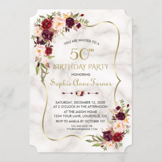 Charm Burgundy Blume Gold Marmor 50. Geburtstag Einladung