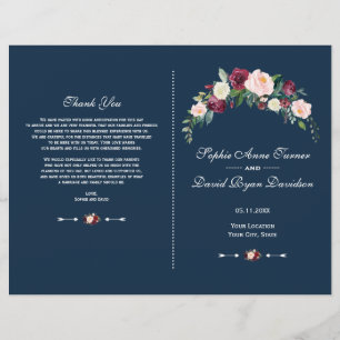 Charm Burgundy Blush Bloral Blue Wedding Programm Flyer