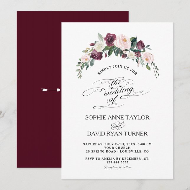 Charm Burgundy Blush Elfenbeinblut Hochzeit Einladung (Vorne/Hinten)