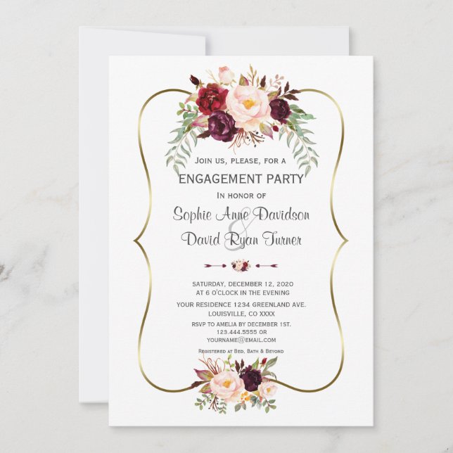 Charm Burgundy Blush Floral Gold Verlobung Einladung (Vorderseite)