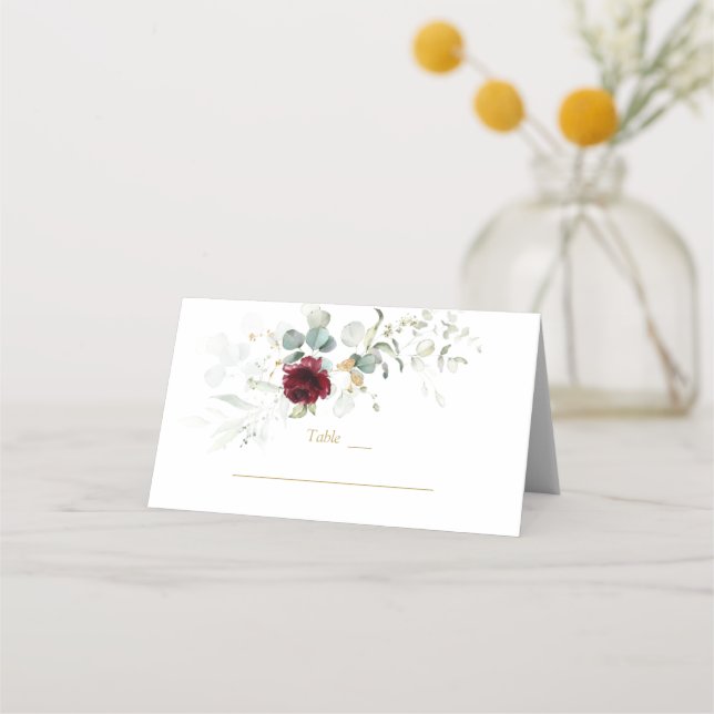 Charm Burgundy Floral Airy Grüne Tischnummer Platzkarte (Vorderseite)