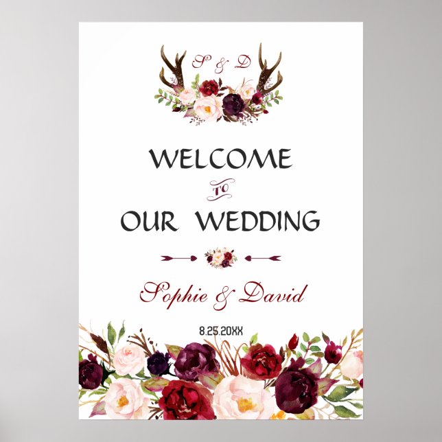 Charm Burgundy Floral Antlers Begrüßungszeichen Poster (Vorne)