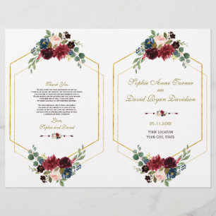 Charm Burgundy Floral Gold Frame Wedding Programm Flyer