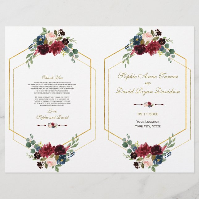 Charm Burgundy Floral Gold Frame Wedding Programm Flyer (Vorne)