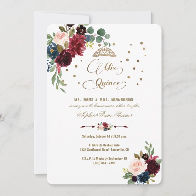 Charm Burgundy Floral Gold Mis Quince Quinceañera Einladung (Vorderseite)
